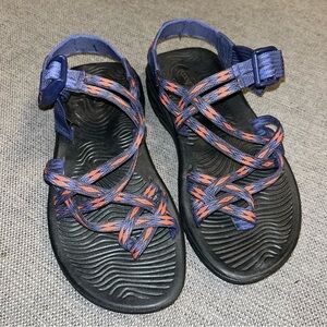 Chaco blue and orange strappy sandals, size 6